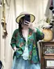 Suéter Vintage Artístico Floral de Tricô de Algodão com Decote V e Manga Longa para Mulheres, Estiloso e Jovem, Cardigã Casual Solto para Outono
