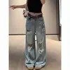 Jeans de mezclilla lavada, rotos, geniales, unisex, estilo callejero moderno, pantalones rectos de pierna ancha desgastados con un diseño único