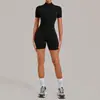 Mono de yoga de vellón con cremallera y manga corta para mujer, adecuado para uso en exteriores, mono ajustado para deportes de fitness 2640