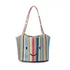 Bolsa de Palha Fofa com Rosto Sorridente Estilo Ins, Bolsa de Mão Tecida Listrada para Férias de Verão, Bolsa Tote Versátil Fresca de Nicho