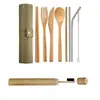 Spot atacado proteção ambiental portátil ao ar livre faca, garfo e colher pauzinhos talheres bolsa de lona de bambu pode adicionar logo