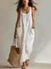 Verão 2026 Novo Amazon Comércio Exterior Transfronteiriço Estilo Europeu e Americano Algodão e Linho Casual Bolso Tira Longo Vestido