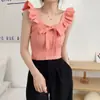 Chaleco de Punto de Color Sólido con Puntadas para Mujer Verano Todo Fósforo Ruffled Top de Temporada Tirante Corto Acelerador de Ritmo con Lazo