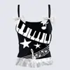 Colete Nicho Feminino Y2K com Estampa Doce e Cool de Nota Musical, Laço Duplo nos Ombros, Design de Borda Franzida, Caimento Ajustado, Estilo Curto, Estilo Hot Girl