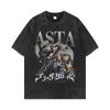 Popular cartoon print vintage lavou distressed T-shirt verão casual all-match marca de moda americana injeção digital solta direta