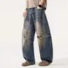 Roupas Masculinas Fengshe / Jeans rasgado estilo mendigo vintage moderno estilo americano para homens, calças largas casuais de perna larga curvas