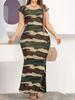 Vestido Feminino Plus Size Elegante com Estampa Camuflada Sem Mangas Sexy Decote Quadrado Nova Moda Europeia e Americana 2026
