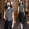 Conjunto Casual Personalizado Verano Nueva Moda Adelgazante Rejuvenecedor Blusa con Volantes Top Pantalones de Pierna Ancha Conjunto de Dos Piezas