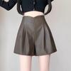 Shorts de Couro Fosco para Mulheres 2025 Outono e Inverno Novo Casaco Anti-Rugas Cintura Alta Perna Larga A-Line Calças de Couro Versátil Calça Três Quartos para Mulheres