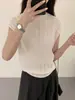 26 Nuevo Color Puro Lana de Cordero Bordado Cuello Semi Alto Tejido de Punto Trenzado Sin Mangas Camiseta de Punto Verano Fresco Adelgazante para Mujer