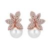 RAKOL 2021 Nuevo Estilo Humedad Lujo Ligero Aretes de Perlas para Mujer Distintivos Creativos Micro-incrustados Zircón Aretes de Pétalos