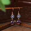 Pendientes de Plata de Ley 925 Estilo Chino Hechos a Mano Geométricos Amatista Natural Flor de Camelia Aretes para Mujer Qipao Hanfu Ganchos para Orejas