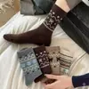 Meias de Renda com Boca Larga de Bolinhas para Mulheres, Meias de Algodão Outono e Inverno, Meias Largas com Borda Franzida, Meias Longas até a Panturrilha com Laço, Meias Femininas Estilo Coreano