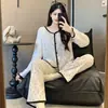 6535 Pijama de Algodão para Mulheres, Estilo Coreano Primavera e Outono Desenho Animado Fofo Cardigã Calças de Manga Comprida Solto Pode Ser Usado Fora de Casa Roupas