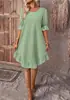 Vestido Feminino Retrô de Algodão e Linho de Manga Média com Gola Redonda de Cor Pura, Solto, com Barra Ampla, Europeu e Americano, Transfronteiriço TEMU, Primavera e Verão 2024