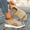 25 Verão Novo Estilo Tamanho Grande Moda Transfronteiriça Europeia e Americana Sola Grossa Bloco de Cores Amazon Tecido Fly-Knit Sandálias de Dedo Aberto