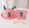 Chapéu de Palha Infantil de Verão Aba Curva Chapéu de Pescador Dinossauro de Desenho Animado Fino Quebra-Sol Respirável Proteção Solar Chapéu de Viagem para Praia