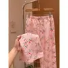 Pantalones de pijama de algodón y seda con diseño de planta y flor estilo chino para mujer, de verano, para salir, casual, versátiles, de pierna recta, largos para casa, talla grande