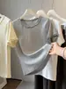 Camiseta de Verano Nuevo Estilo con Volantes, Cuello Redondo, Color Sólido para Mujer, Estilo Coreano Versátil, Adelgazante, Moderna, Rejuvenecedora, Manga Corta, Tendencia