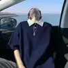 Camisa polo de manga curta color block estilo americano para homens, verão, peso pesado, estilo universitário, casual e estilosa, caimento solto, camiseta de manga curta com ombro normal para homens