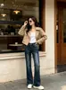 Jeans de Mezclilla con Etiqueta de Cuero Estampado de Leopardo Vintage, Nuevo Estilo Otoño, Bordado Curvo en Bolsillo Trasero, Lavado Desgastado, Pantalones Casuales de Cintura Alta Ajustados