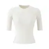 Top Delgado Elegante de Manga Media de Verano de Alta Gama Camisa de Punto Redonda Retro Francesa Camiseta de Media Manga para Mujer