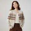 Cárdigan de Punto de Cachemira Jacquard Geométrico Retro Estilo Fair Isle para Mujer Cuello Redondo Botón Manga Larga Suéter Abrigo Holgado