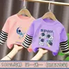 Camiseta de manga larga de algodón puro para niño, nuevo modelo primavera y otoño 2026, camiseta básica con estampado de dibujos animados para niño, top falso de dos piezas, moderno