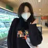 Sudadera Negra Retro para Mujer Otoño Invierno Más Terciopelo Holgada Adelgazante Pulóver Pequeña Dibujos Animados Americanos Top ins
