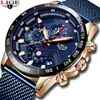 LIGE 2019 Reloj para Hombre con Correa de Malla Cronógrafo Multifuncional Resistente al Agua Oro Rosa Negro Plata Negro