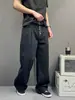 Jeans de sarja lavada com design vintage de cinco botões e bom caimento, calça casual larga e solta unissex de alta qualidade para casais