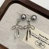 Pendientes largos con borlas y lazo de perla gris de sensación fresca para mujer, pendientes de amor, nuevo estilo 2023, pendientes de temperamento atractivo