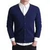 Moda Outono e Primavera Malha Básica Algodão Gola V Casual Manga Longa Cor Sólida Cardigan Suéter Casaco Masculino