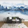 Papel de parede para parede de fundo de TV de sala de estar estilo chinês antigo azul névoa conceito artístico abstrato Tecido de parede pintura a tinta paisagem filme e televisão mural