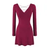 Puro y seductor, escote en V profundo y sexy, busto acolchado, sin espalda, vestido de manga larga línea A, colección de otoño, entallado a la cintura, que realza la figura, falda corta para mujer