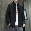 Camisa larga de manga larga de gran tamaño para hombre para primavera y otoño, estilo chino con cuello abotonado, chaqueta tipo traje Tang, corte holgado, color liso, camisa casual de algodón y lino