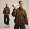 Moletom Masculino Tendência Outono e Inverno Novo Estilo Gola Alta com Zíper Básico Escovado Quente Jaqueta de Couro Moletom Masculino