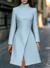 2026 Moda Feminina Europeia e Americana Transfronteiriça da Amazon Novo Estilo Elegante Temperamento Fashionável Cor Sólida Cintura Marcada Gola Meia-alta Vestido Curto