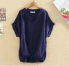 Verão tamanho grande solto elegante V-neck Chiffon camisa top feminina de manga curta Batmobile camisa esconder carne algodão linho camisa