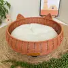 Nido para Gatos de Mimbre Sintético, Nido para Dormir Gatos a Prueba de Humedad y Elevado del Suelo, Cama para Mascotas Desmontable y Lavable, Nido para Perros, Nido Tejido a Mano con Cojín Hamaca