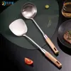 Espátula de acero inoxidable con mango de madera, cuchara para sopa de cocina casera, cuchara para cocinar, pala de cocina engrosada, espátula, cuchara para freír, juego de utensilios de cocina
