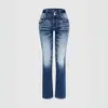 Jeans de ganga azul elástico com cintura média, rasgados e lavados, estilo europeu e americano, calças flares simples de corte justo