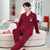 Pijama de Pareja para Boda Hombre Primavera y Otoño Imitación Algodón Manga Larga Cárdigan Rojo Vino Año del Zodiaco Nuevo Matrimonio Conjunto de Ropa para el Hogar