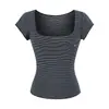 Camiseta básica elástica ajustada para mujer, hecha de Tencel con un cuello grande ligeramente transparente, mangas cortas, camiseta base ajustada a la moda y versátil