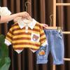 Traje de ropa de primavera para niños 2024 Nuevo Conjunto de dos piezas Polo con cabeza de oso a rayas para bebés y niños, ropa casual de moda para bebés
