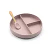 Plato de silicona para cena infantil con ventosa grande, plato dividido de una pieza para comida complementaria, cuchara con mango de madera para bebé, tenedor, venta al por mayor