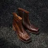 Botas de Cuero de Caballo Lavado Botines de Mujer Invierno Nuevo Estilo Piel Genuina Cremallera Lateral Punta Cuadrada Tacón Grueso Tacón Alto Botas Individuales Botines de Mujer