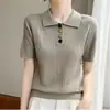 Suéter de punto trenzado con cuello polo de ajuste holgado para mujer, estilo fino de verano, diseño corto adelgazante, algodón que ciñe la cintura
