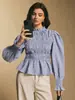 Design Casual Francês, Bordas Franzidas, Blusa Listrada Versátil, Mangas Bufantes, Camisa Elegante Retro de Corte Justo