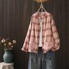 2025 Nuevo Otoño Estampado a Cuadros Holgado Cuello Alto Cardigan de Mujer Camisa de Manga Larga Chaqueta Pequeña Venta al por Mayor